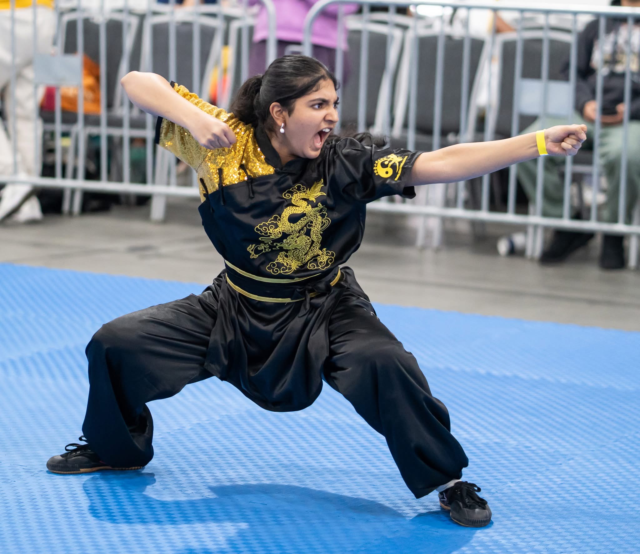 Adult competitor performing Shaolin form with power