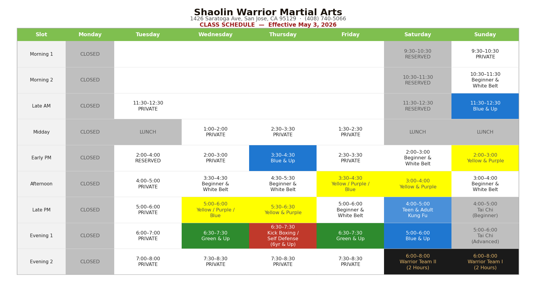 Shaolin Warrior Martial Arts Class Schedule — Effective May 3, 2026