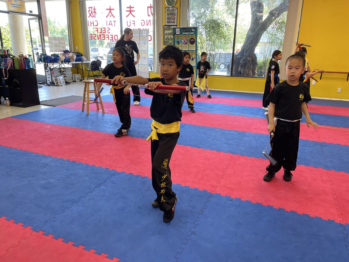 Students practicing weapons forms